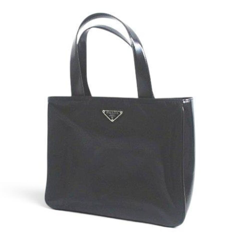 Prada Triangle Plate Tote Bag Handbag Black Italian